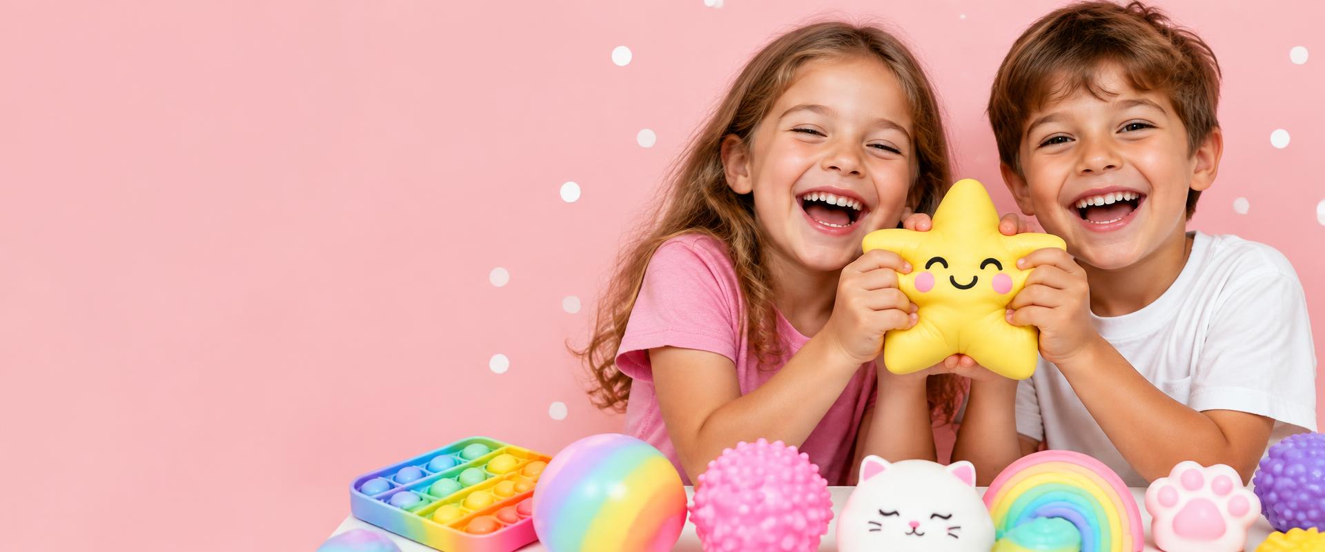 Two laughing kids squeezing a yellow star squishy